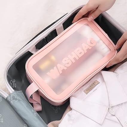 Cosmetic Wash Bag Set Makeup Pouch Travel Transparent Toiletry Wash Bag with HandleWomen and Men (3 pcs Combo-1 Hanging wash Bag -Pink) ( RV 36 )