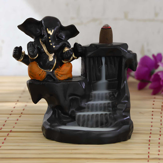 ( 10 FREE SCENTED CONES )Lord Orange Ganesha Smoke Backflow Cone Incense Holder Decorative Showpiece