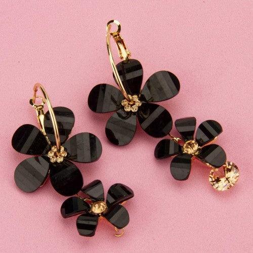 Black Handcrafted Floral Drop Earrings ( BF 10 )