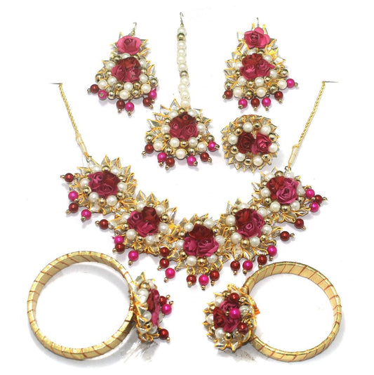 Gotta Patti Necklace Set with Maang Tikka, Earrings, Ring and Bangle Magenta ( BF 19 )