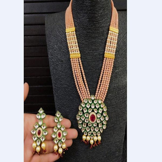 Glass Crystal Beaded Kundan Multilayer Designer Necklace Earring Set Peach (BF4 )