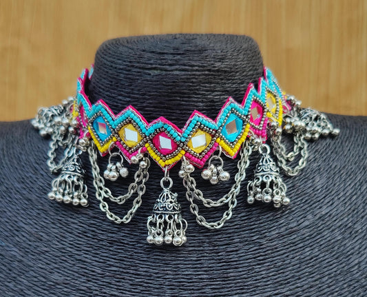 Colorful mirror work mix jewellery necklace