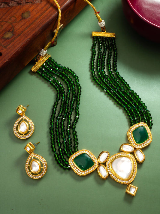 Green crystal line kundan touch stone necklace set ( PZ 4 )