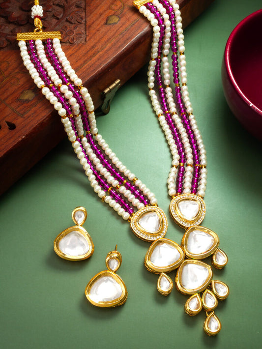 Charming Maroon and white pearlline kundan necklace set ( PZ 5 )