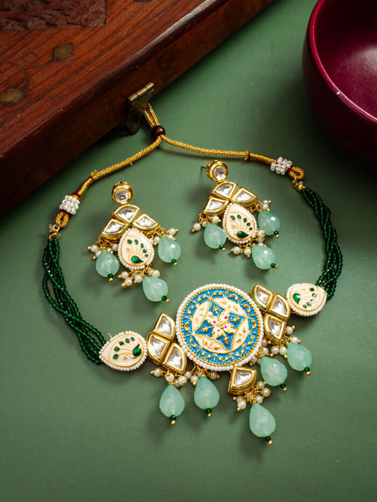 Eye catching sky blue stone green beaded kundan set ( PZ6 )