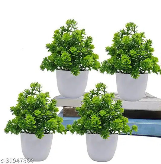 Artificial Plants with Pot (Green & White, Pack of 4)